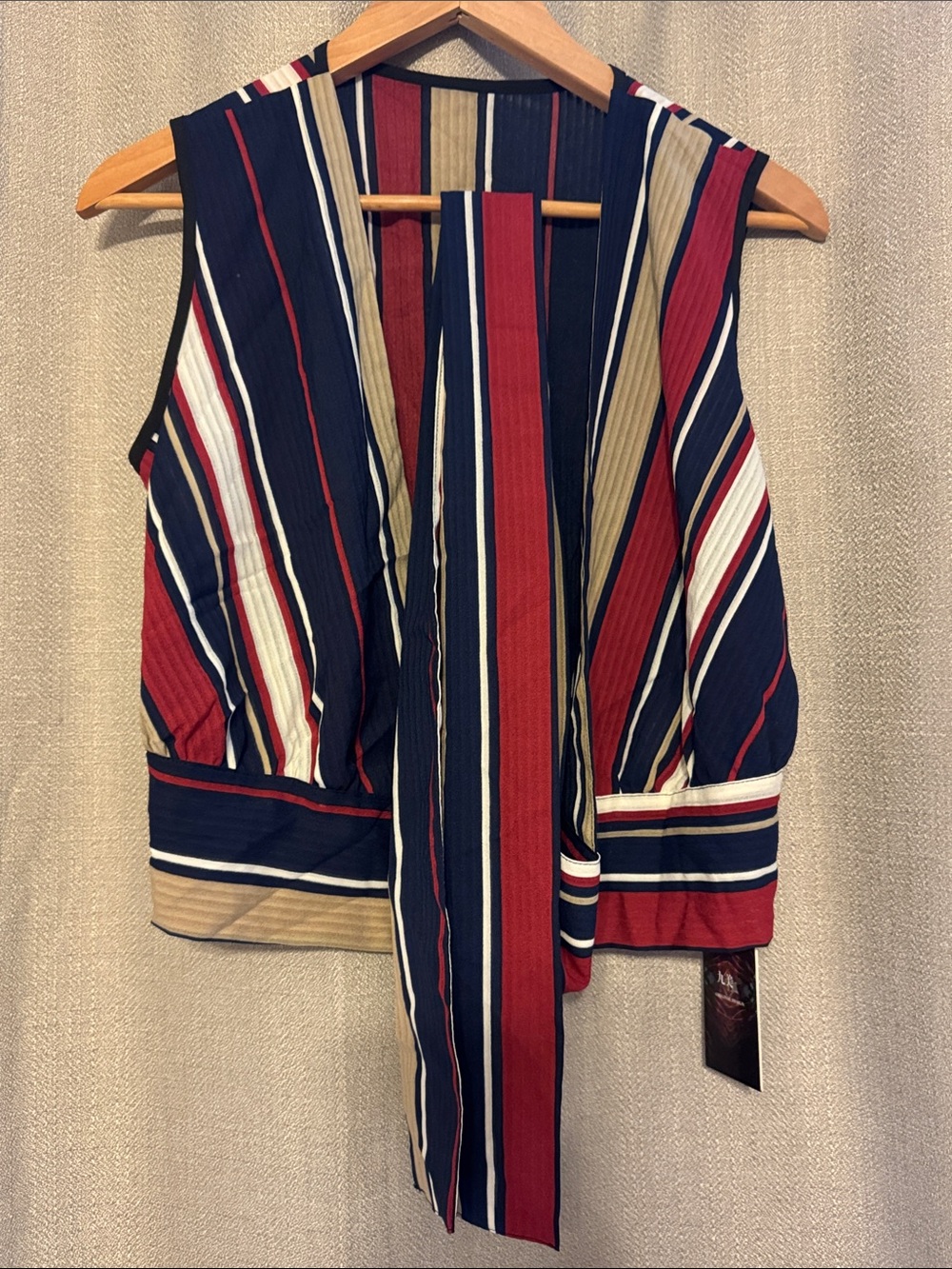 Sleeveless Vertical Stripe Tie-Front Blouse in Navy, Red & Cream